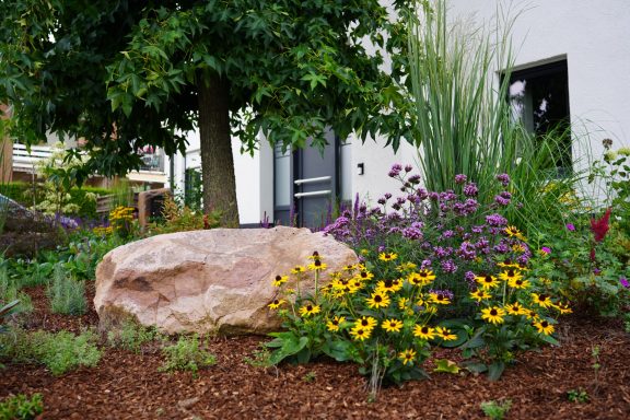 Bunter Garten mit gelben und lila Blumen vor einem großen Stein und einem Baum.